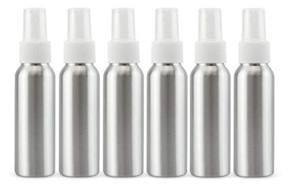 2oz Aluminum Fine Mist Spray Bottles with Atomizer (6-Pack w/White Caps); Small Sprayers for Travel, Sterilization, Aromatherapy and Personal Care