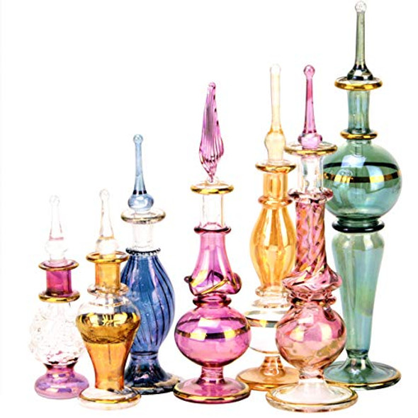 Egyptian Perfume Bottles Wholesale Mix Collection Set of 12 hand Blown Decorative Pyrex Glass 2 -5 in with handmade golden Egyptian decoration for Perfumes & Essential Oils by NileCart