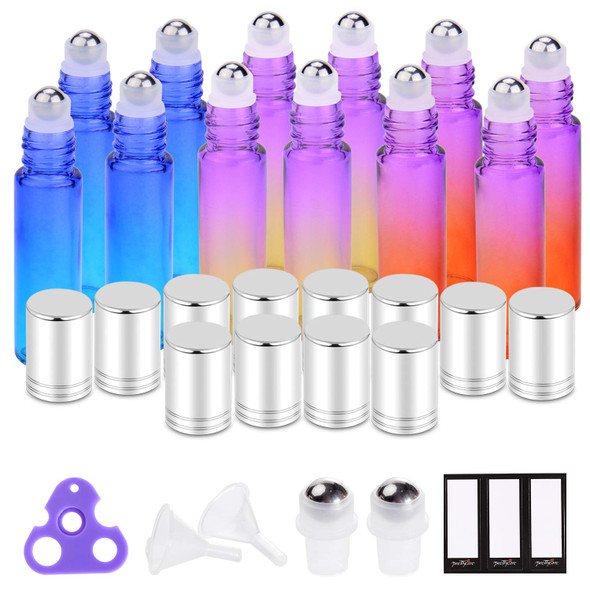 Essential Oil Roller Bottles 10ml by (12 Pack Rainbow Glass, Silver Cap, 24 Labels, 2 Extra Roller Balls, Opener, 2 Funnels) Roller Balls for Essential Oils, Roll on Bottles