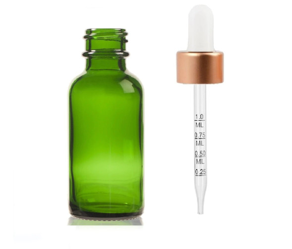 2 Oz Green Glass Bottle w/ White Rose Gold Calibrated Glass Dropper