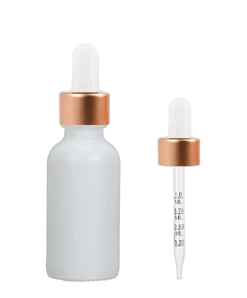 2 Oz Matte White Glass Bottle w/ White Rose Gold Calibrated Glass Dropper