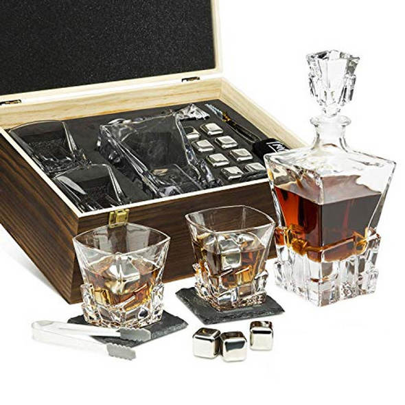 Whiskey Decanter Set for Men and Women - Whiskey Decanter, 2 Rocks Whiskey Glasses, 8 Stainless Steel Whisky Cubes, 2 Coasters, Silicone-Tipped Tongs & Freezer Pouch in Pinewood Box