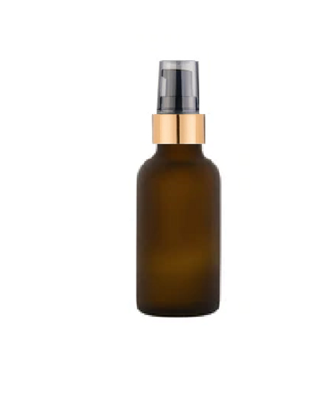 1 oz Frosted Amber Glass Bottle w/ Black Matt Gold treatment Pump
