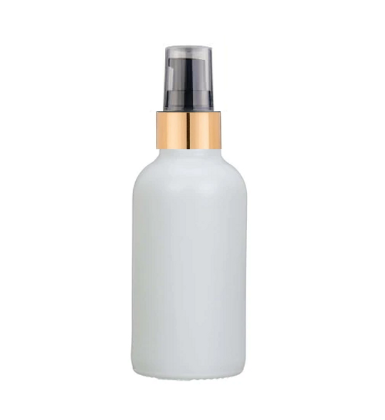 2 Oz Matte White Glass Bottle w/ Black-Matte Gold Treatment Pump