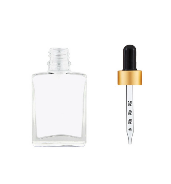 1 oz Clear SQUARE Glass Bottle w/ 18-415 Black-Gold Calibrated Dropper