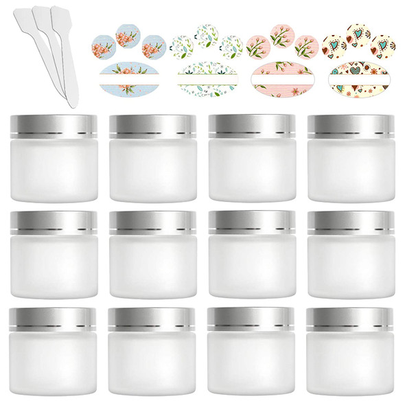 12 Pack 60ml 2 oz Matte Clear Glass Jars with Silver Lids & Inner Liners,Round Containers Travel Jars for Cosmetics, Eye Shadow, Makeup and Face