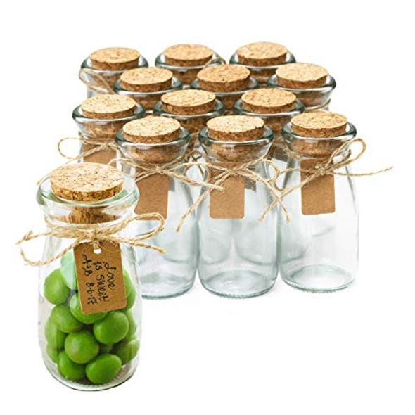 Small Glass Bottles with Cork - 3.4 oz Mini Jars with Lids for Party Favors, Set of 12 - Wedding, Apothecary, Spices, Candy Containers