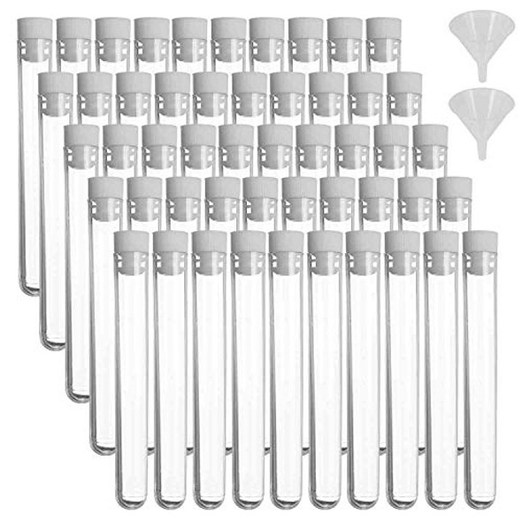 Lainrrew 50 Pcs Plastic Test Tubes, 6ml Clear Mini Test Tube Holder with Caps & 2 Funnels for Scientific Experiments Candy Beads Sample Storage Party (100 x 16mm)