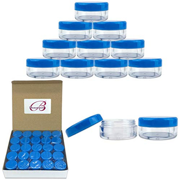 50 New Empty 5 Grams Acrylic Clear Round Jars - BPA Free Containers for Cosmetic, Lotion, Cream, Makeup, Bead, Eye shadow, Rhinestone, Samples, Pot, Small Accessories 5g/5ml (BLUE LID)