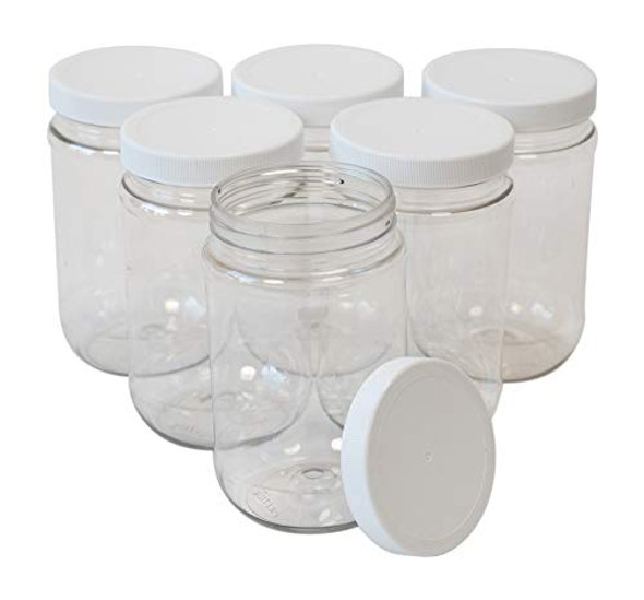 16 Oz Clear Plastic Mason Jars With Ribbed Liner Screw On Lids, Wide Mouth, ECO, BPA Free, PET Plastic, Made In USA, Bulk Storage Containers, 6 Pack (16 Ounces)