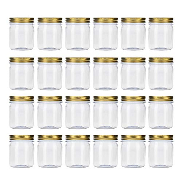 8 Ounce Clear Plastic Jars with Gold Lids - Refillable Round Clear Containers Clear Jars Storage Containers for Kitchen & Household Storage - BPA Free (24 Pack)