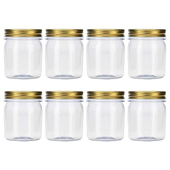 8 Ounce Clear Plastic Jars with Gold Lids - Refillable Round Clear Containers Clear Jars Storage Containers for Kitchen & Household Storage - BPA Free (8 Pack)