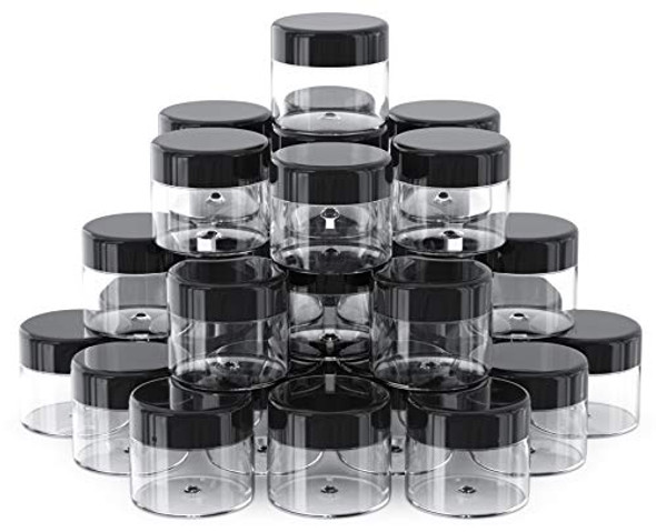 ZaVBe 50 pieces 1oz Jar, Refillable Cosmetic Sample Empty Clear Container with Black Screw Cap Lid, Plastic, 30g Slime, Make Up, Acrylic, Nails, Body Butter