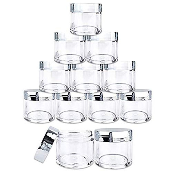 12 Piece 1 oz. USA Acrylic Round Clear Jars with Flat Top Lids for Creams, Lotion, Make Up, Cosmetics, Samples, Herbs, Ointment (12 Pieces Jars + Lids, SILVER)
