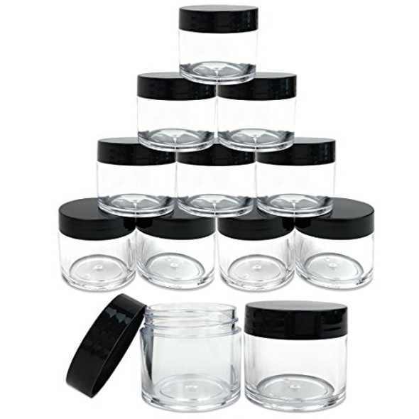 12 Piece 1 oz. USA Acrylic Round Clear Jars with Flat Top Lids for Creams, Lotions, Make Up, Cosmetics, Samples, Herbs, Ointments (12 Pieces Jars + Lids, BLACK)