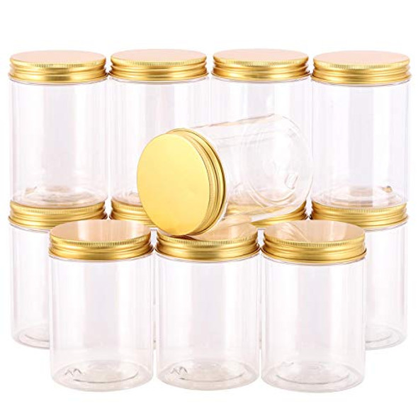 12-Pack 300ml Empty Large Refillable Clear Plastic Jars with Lids for Beauty Products, Round Containers for Slime, Cream, Multi Use, Gold