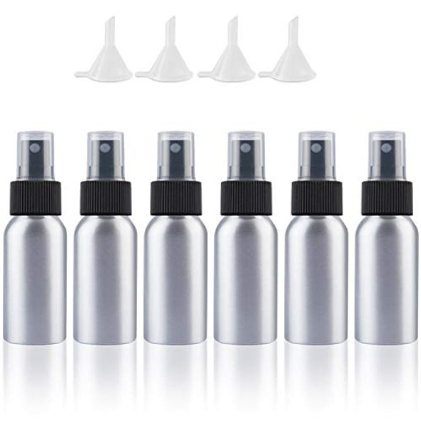 Spray Bottles Aluminum 50ml/1.69oz Travel Size Empty Mini Refillable Metal Spray Bottle Set with Lid for Liquids Skincare Cosmetic Perfume Storage with 4pcs Funnels(6 PACK)