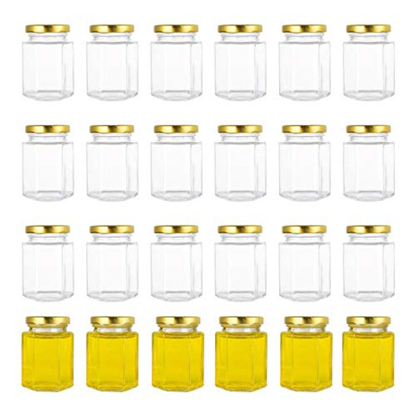 Jucoan 24 Pack Clear Hexagon Glass Jars, 3 oz Mini Canning Jars with Golden Lids for Honey, Jam, Spices, Party Favors, DIY Crafts