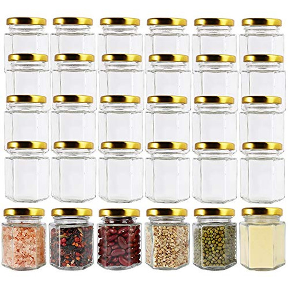 CycleMore 3oz Hexagon Glass Jars with Gold Lids, Clear Glass Canning Jars Jam Jars Bottles for Jams, Honey, Wedding Favors, Baby Foods, Gifts and Craft, DIY Spice Jars and More(Pack of 30)