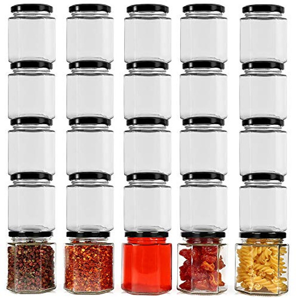 CycleMore 6oz Hexagon Glass Jars with Black Lids, Clear Glass Canning Jars Jam Jars Bottles for Jams, Honey, Wedding Favors, Baby Foods, Gifts and Craft, DIY Spice Jars and More(Pack of 25)