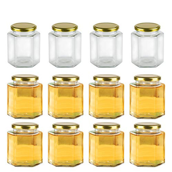 16 oz Clear Hexagon Jars,Glass Jars With Lids(Golden),Mason Jars For Honey,Foods,Jams,Liquid,Spice Jars Herd Jars Canning Jars For Storage 12 Pack