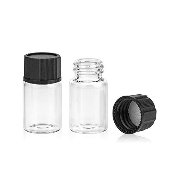 Clear Glass Sample Vial, Liquid Sampling Sample Glass Bottle, 7ml(0.23OZ) Capacity, 22mm.I.D. 40mm, 18-400 Thread Black Closed Top Cap,PE Liner, Pack of 100