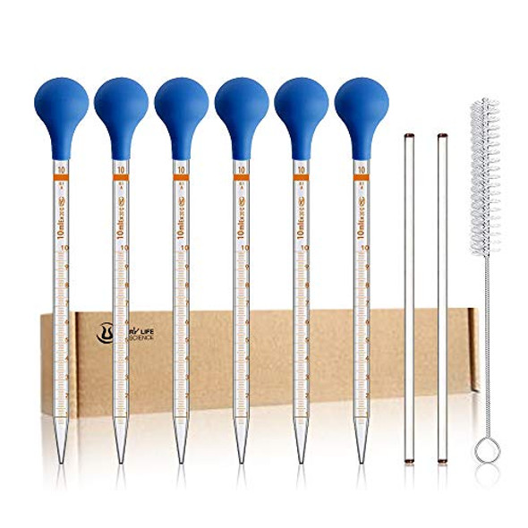 6PCS 10ml Glass Graduated Droppers Lab Pipettes Dropper Liquid Pipette with 6 Rubber Caps 2PCS 20CM Glass Stir Rod and Droppers Brush