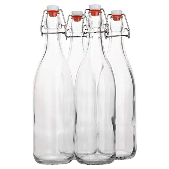 Flip Top Glass Bottle [1 Liter / 33 fl. oz.] [Pack of 4] Swing Top Brewing Bottle with Stopper for Beverages, Oil, Vinegar, Kombucha, Beer, Water, Soda, Kefir Airtight Lid & Leak Proof Cap Clear