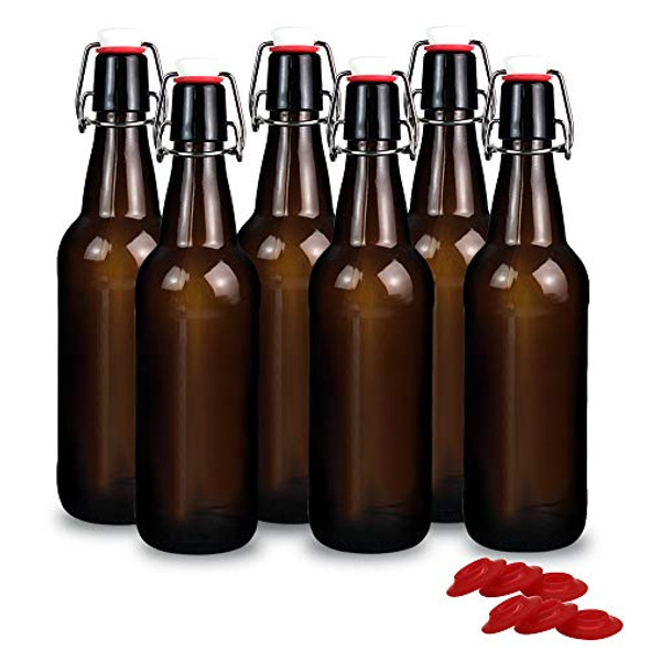 16 oz Amber Glass Beer Bottles for Home Brewing with Flip Caps, Case of 6