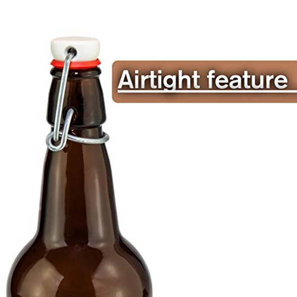 Home Brewing Glass Beer Bottle with Easy Wire Swing Cap & Airtight Rubber Seal | Amber | 16oz | Case of 12 |