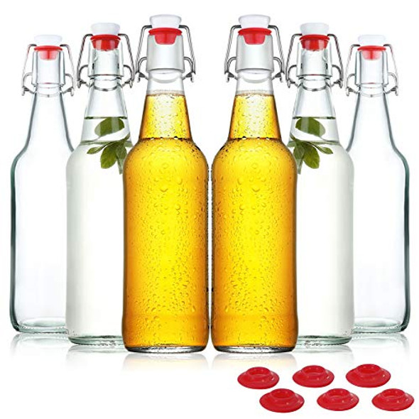 Clear Glass Beer Bottles for Home Brewing with Easy Wire Swing Cap & Airtight Silicone Seal 16 oz- Case of 6