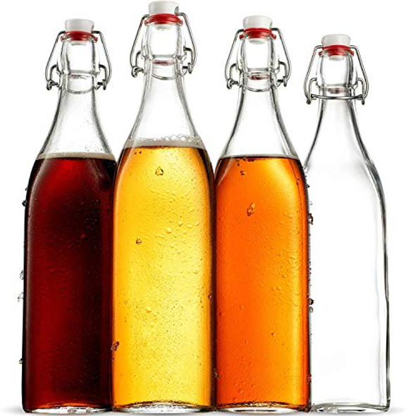 Swing Top Clear Glass SQUARE Bottle With Airtight Stopper - 33.75 oz (4 Pack) Fliptop Bottles Great for Oil and Vinegar, Beverages, Homemade Juices, Smoothies, (Not For Carbonated Beverages)