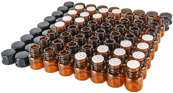 50 pack 1 ml 1/4 Dram Mini Amber Glass Essential Oils Sample Bottles with Black Caps for Essential Oils