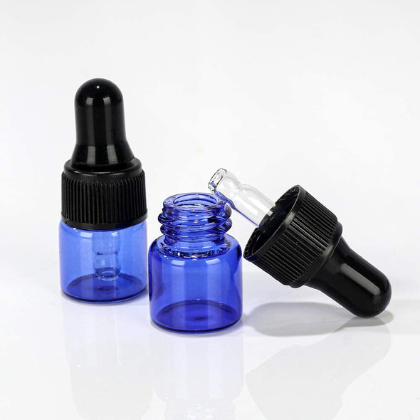 100 pack 1 ml 1/4 Dram Mini Blue Glass Sample Bottles with Glass droppers for Essential Oils