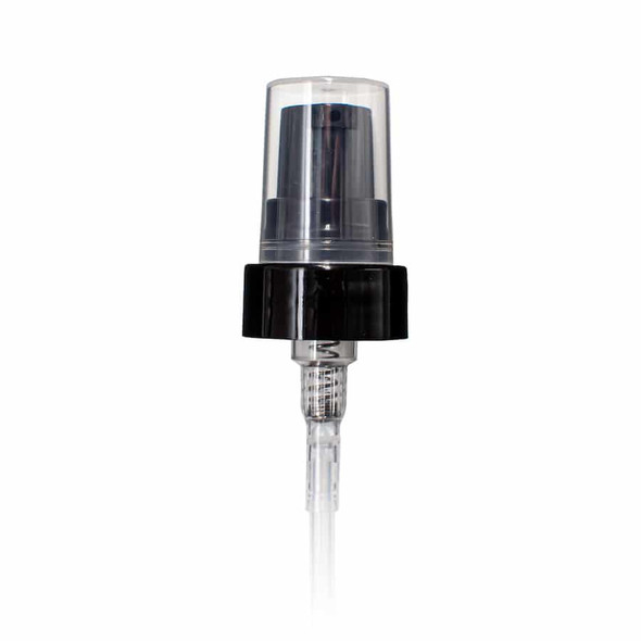 24-410 Black PP smooth skirt dispensing treatment pump with 7.5 inch dip tube and clear plastic overcap (0.2 cc output)