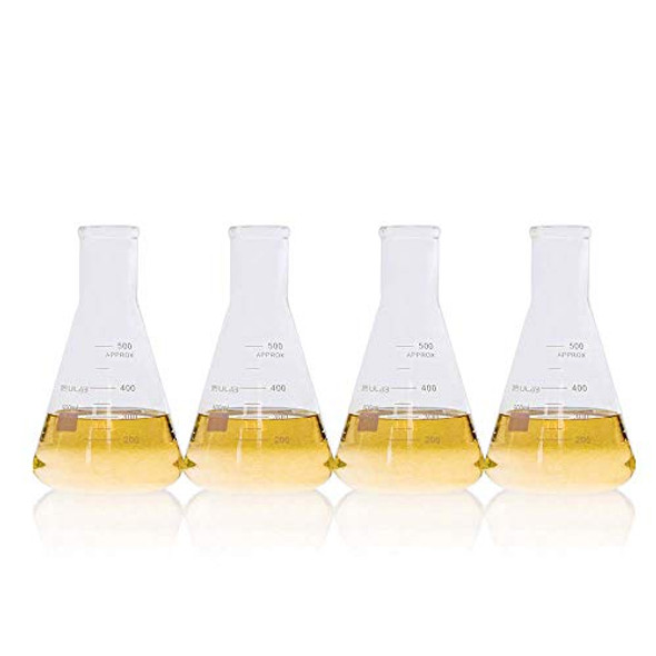 ULAB Scientific Narrow-Mouth Glass Erlenmeyer Flask Set, 17oz 500ml, 3.3 Borosilicate with Printed Graduation, Pack of 4, UEF1026