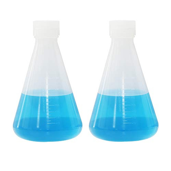 ULAB Scientific Conical Polypropylene Erlenmeyer Flask 1000ml Narrow Neck with Screw Cap, Molded Graduations, Pack of 2, UEF1003