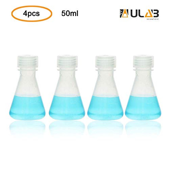 ULAB Scientific Conical Polypropylene Erlenmeyer Flask 1.7oz 50ml Narrow Neck with Screw Cap, Molded Graduations, Pack of 4, UEF1008