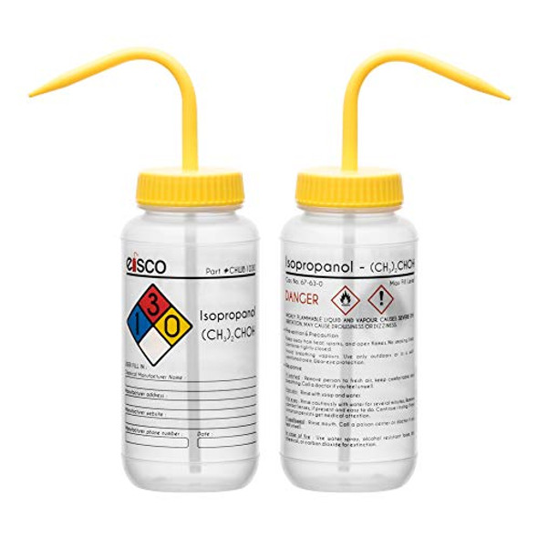 Wash Bottle for Isopropanol, 500ml - Labeled with Color Coded Chemical & Safety Information (4 Colors) - Wide Mouth, Self Venting, Low Density Polyethylene - Eisco Labs