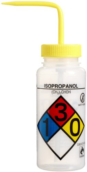 SP Bel-Art Right-to-Know Safety-Vented/Labeled 4-Color Isopropanol Wide-Mouth Wash Bottles; 500ml (16oz), Polyethylene w/Yellow Polypropylene Cap (Pack of 4) (F11816-0008)