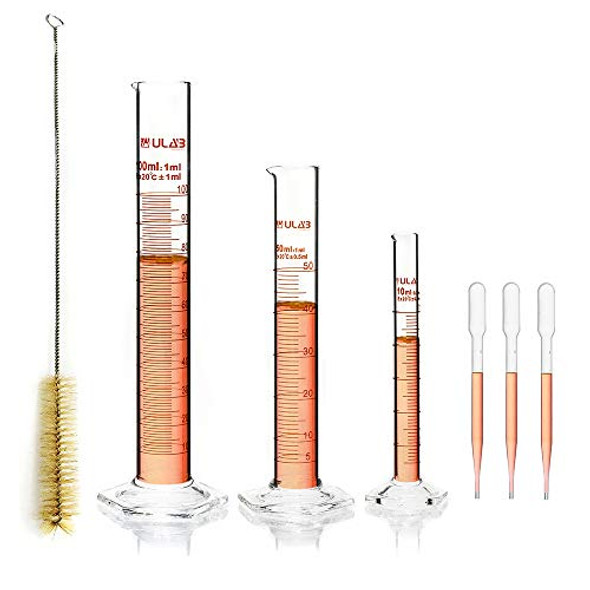 ULAB Scientific Thick Glass Graduated Measuring Cylinder Set, 3 Sizes 10ml 50ml 100ml, 3.3 Boro Hexagonal Base, 1 Cleaning Brush OFFERED, UMC1001