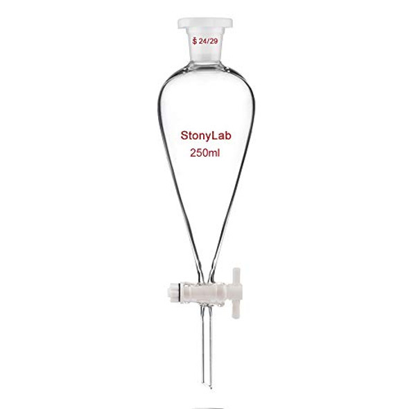 StonyLab Borosilicate Glass 250ml Heavy Wall Conical Separatory Funnel with 24/29 Joints and PTFE Stopcock - 250ml
