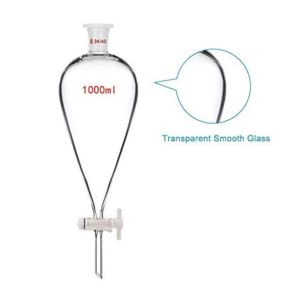 Borosilicate Glass 1000ML Separating Funnel Heavy Wall Conical Separatory Funnel with 24/40 Joints and PTFE Stopcock Lab,Pyrex,Food，pear - 1L