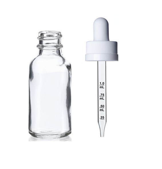 1 oz CLEAR  Glass Bottle w/ White Child Resistant Calibrated Glass Dropper