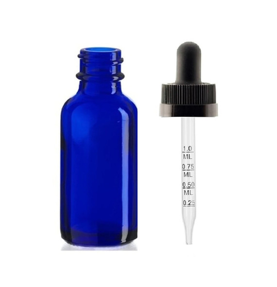 1 oz Blue Glass Bottle w/ Black Child Resistant Calibrated Glass Dropper