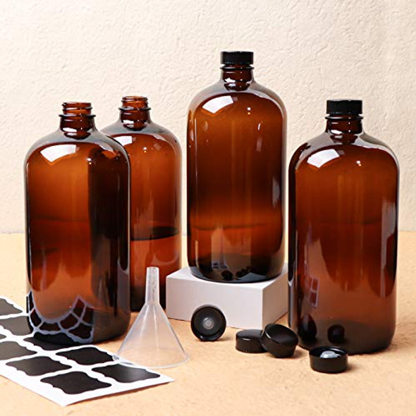 HWASHIN 4 Pack 32 oz Amber Boston Round Glass Bottles with Black Caps for Secondary Kombucha Fermentation and Lab Chemicals ( 1 Funnel and 10 Pieces Black Chalkboard Labels Included )