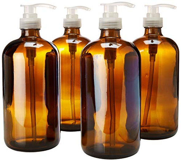 32 Ounce Large Amber Glass Bottles for Laundry Detergent with Natural Color Pumps. Refillable Bottles Great for Lotions, Soaps, Oils, Sauces and DIY Laundry or Dish Detergent- Food Safe by kitchentoolz (Pack of 4)