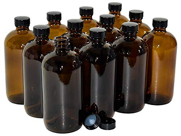 Set of 8oz Glass Bottles with Black Plastic Caps | Reusable Stout Flint Glass Bottles with Lids for Juicing, Kombucha, Liquids | Made in USA (TOTAL