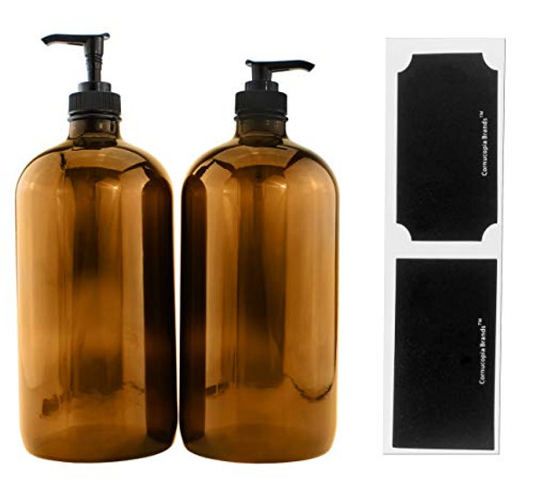 32-Ounce Amber Glass Lotion Pump Bottles (2-Pack); Quart Size Brown Bottles w/Black Plastic Soap, Hand Care & Lotion Locking Pump Dispensers; Includes Chalk Labels