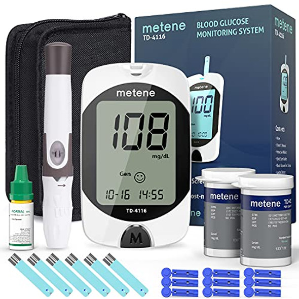 Metene TD-4116 Blood Glucose Monitor Kit, 100 Glucometer Strips, 100 Lancets, 1 Blood Sugar Monitor, Blood Sugar Test Kit with Control Solution, Lancing Device, No Coding, Large Display